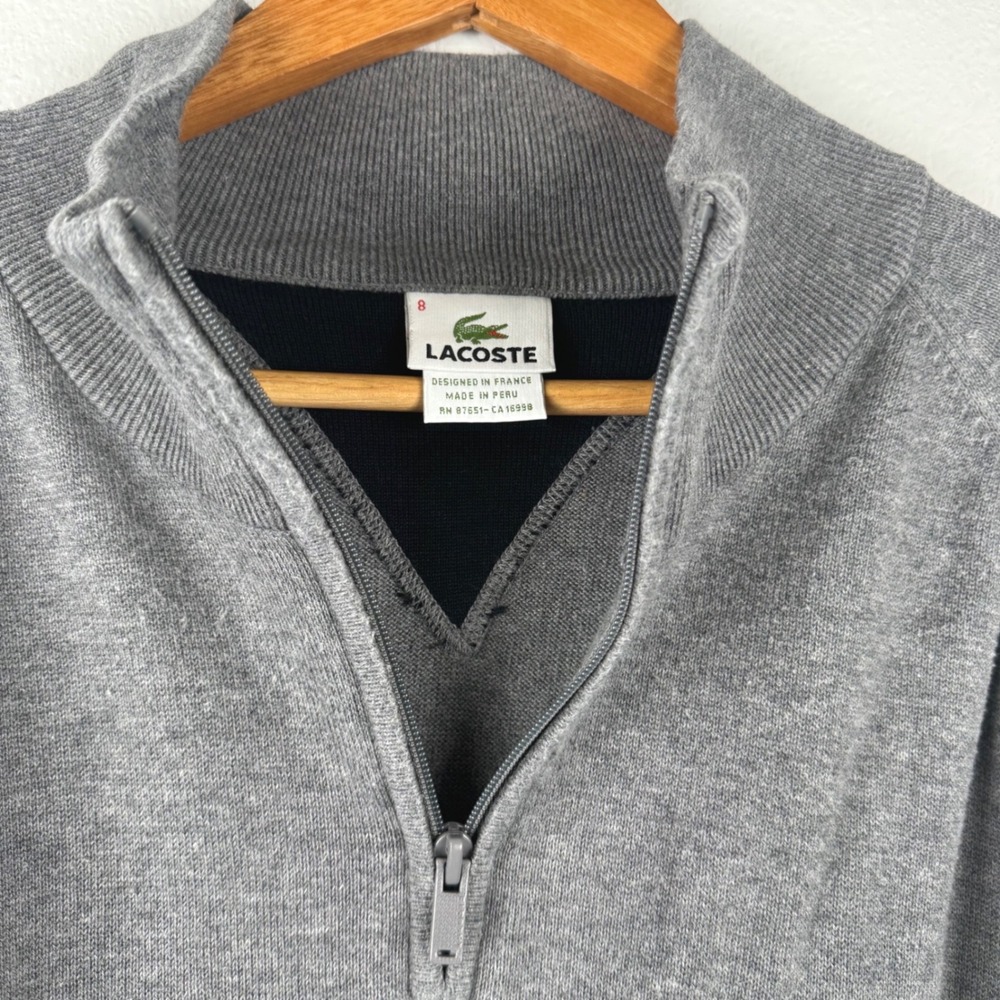 Lacoste Quarter Zip Sweater Mens 8 Gray Excellent Casual Classic 100% Cotton - Picture 4 of 8